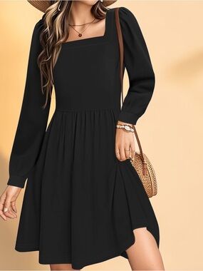 UVN Black Midi Dress Medium Square Neck Long Sleeve A-Line Flowy w Pockets NWT